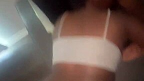 Petite black girl with small tits and big ass fucks big black cock on sofa, reaching orgasm with skinny body.