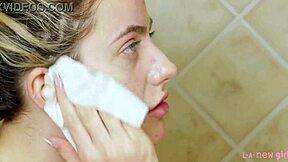 Gorgeous blonde teen 18+ feels shy after shower. Her petite frame on sofa melts my heart during interview.