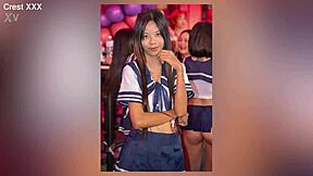 Sexy Asian gogo stripper rips clothes and fingers herself on stage