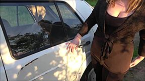 Young teen 18+ has car breakdown, leading to deepthroat and gaping with big cock cum.