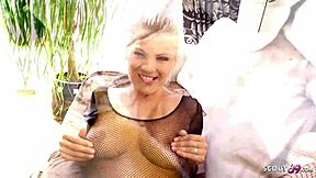 Slim Photo Model Gives POV Footjob In Fishnets