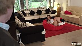 Super hot teen gives killer blowjob to old grandpa. She takes hardcore pussy pounding and swallows his load!