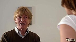 Super hot teen gives killer blowjob to old grandpa. She takes hardcore pussy pounding and swallows his load!