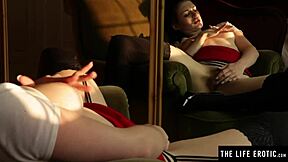 Why no panties under black stockings while she touches herself in mirror?