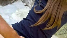 Hey, check out this risky public sex with an 18yo brunette flashing her tits