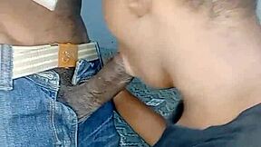 African teen gives sloppy blowjob with cum on her face