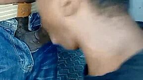 African teen gives sloppy blowjob with cum on her face