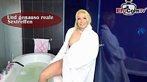 Petite german blonde teen with glasses boldly fucks outdoor with a user in public