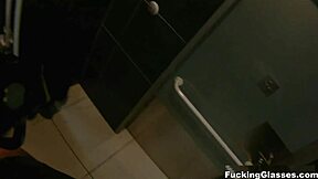 fucking glasses teen in public restroom with orgasm and blowjob!
