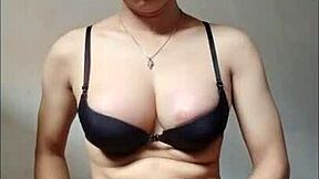 Big tit Asian shemale cums during solo play