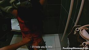 fucking glasses teen in public restroom with orgasm and blowjob!