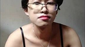 Big tit Asian shemale cums during solo play