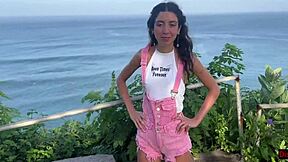 Security guard nabs naughty brunette for private pounding with sea view