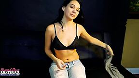 Skinny brunette Sabrina, suck my cock and swallow it all