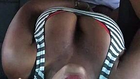 In this homemade scene, a young ebony girl with big tits does a striptease before some hardcore car sex