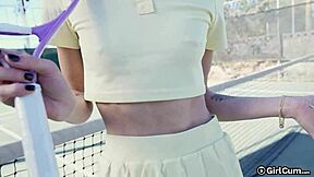 Tennis babe rides big cock during lesson break