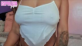 Guided handjob close-up on natural tits, ready to cum loads.