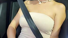 amateur milf sitting on a co driver place and making naughty content on a public road