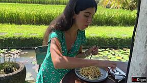 cumwalk in public cafe, eating pasta with sperm on face