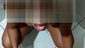 ebony teen takes piss and pays with blowjob on monster cock.