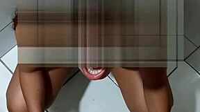 ebony teen takes piss and pays with blowjob on monster cock.