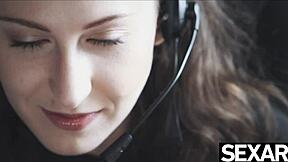 Two co workers in lingerie share multiple orgasms at office.