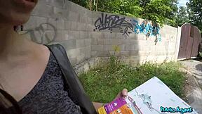 Japanese tourist hesitates over outdoor blowjob with natural boobs.