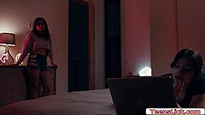 Flat-chested Canadian beauty Drew Catherine undresses on outdoor rock