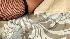 Nasty ebony nympho Barbie Charlie plays with her wet pink pussy using a dildo until she squirts.