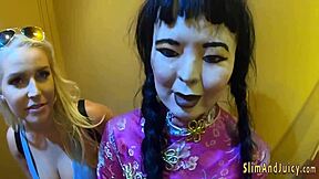 A blonde teen with a big ass rides in a cage