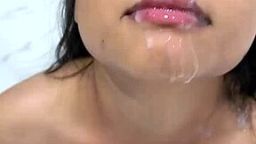 Huge jizz load on cute 18-year-old Asian