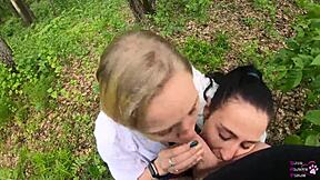 outdoor amateur threesome blowjob... oops, swallowed it!