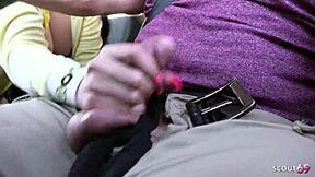 Dirty bitch pick up by old guy and give him a nyon handjob to thanks him in car while driving