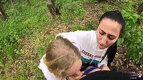 outdoor amateur threesome blowjob... oops, swallowed it!