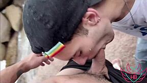 Young naughty boy gets milk splashed on face at the beach