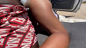 A petite ebony woman decides to cheat on her white boyfriend during an outdoor encounter with a tattooed black man.