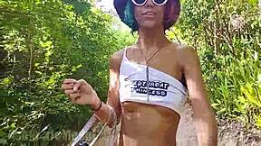 Topless Hairy Latina Babe Jogging in Thong