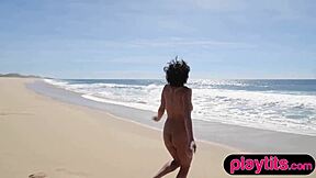 Big boobs curvy beauty strips naked with petite asian milf outdoors