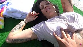 tatted up pawg bella scorpion gets roughly fucked outside by teddy tarantino's big dick