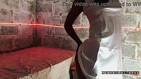 Ebony babe's blowjob contrasts with her vibrator fingering.