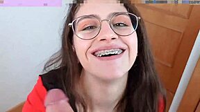 dirty talking teen begs for cum on braces during blowjob