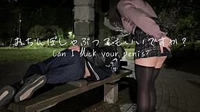 brunette babe gives blowjob to stranger in park, gets creampied