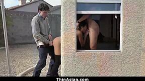 asian delivery girl stuck in window, banged by two boys.