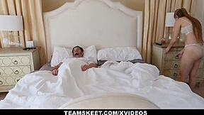 Skinny blonde teen with small tits bends over for doggystyle, then rides big cock until cum leaks from her tight pussy