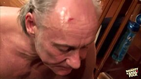 this blonde milf with big tits bent over in stockings, learning to enjoy anal sex from an old guy in doggystyle