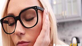 Nerdy teen in glasses gets bent over in the kitchen, licking pussy before doggystyle fucking with her wet pussy