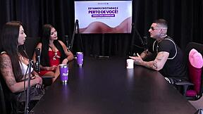 Two brunettes undress him after sharing tips for perfect oral sex in sheer red compilation