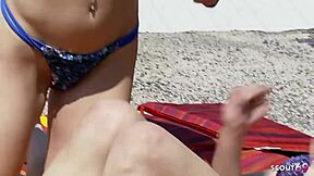 Does the lesbian MILF seduce the teen 18+ into first lesbo sex while sunbathing in a string bikini?