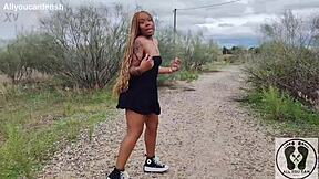 Ebony with big ass walks upskirt in sneakers.
