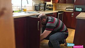 Fresh and innocent tattooed cutie gets hard anal. Plumber drills her tight rear with no mercy.